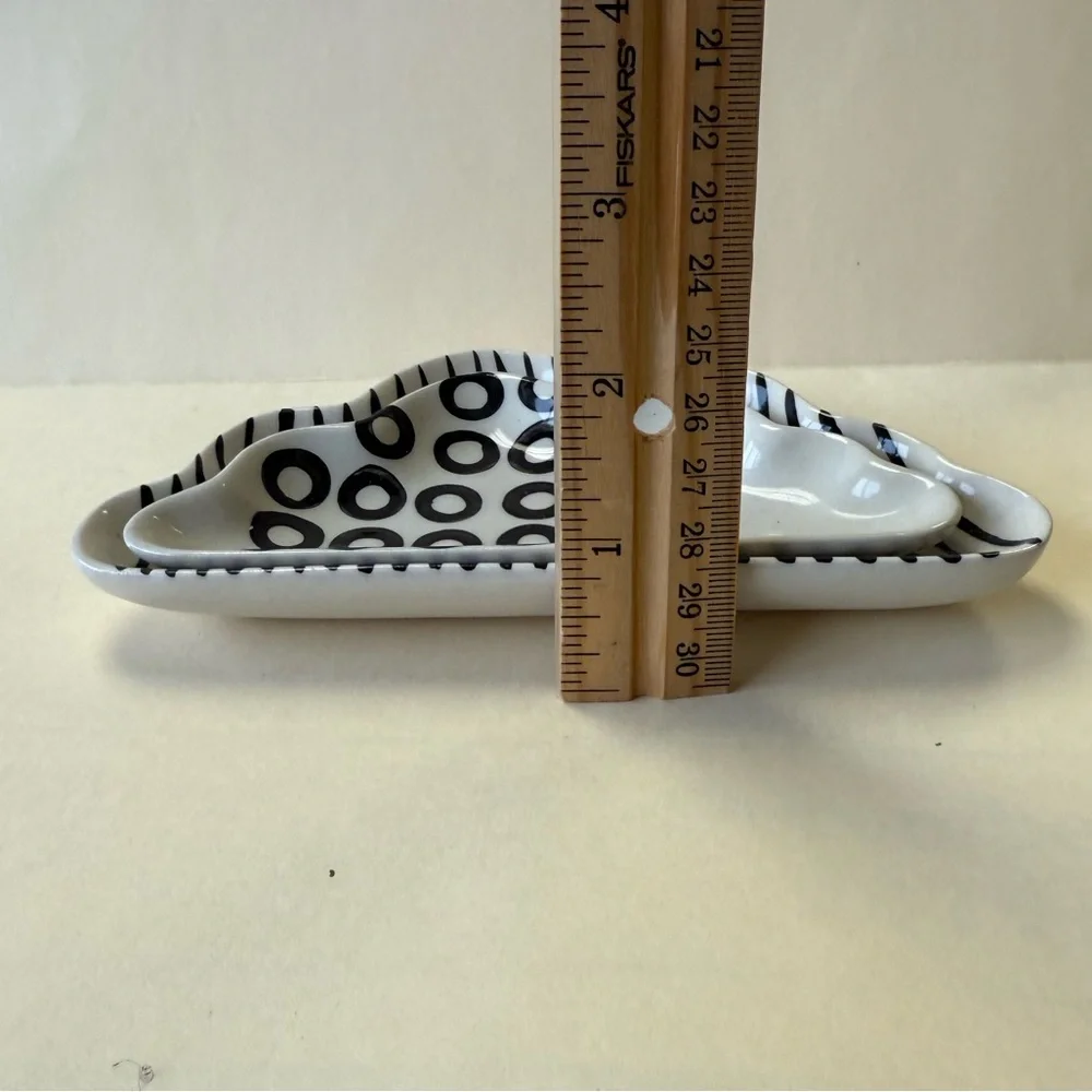 2 West Elm Cloud Ceramic Trinket Dishes in Black & White Geometric Designs.